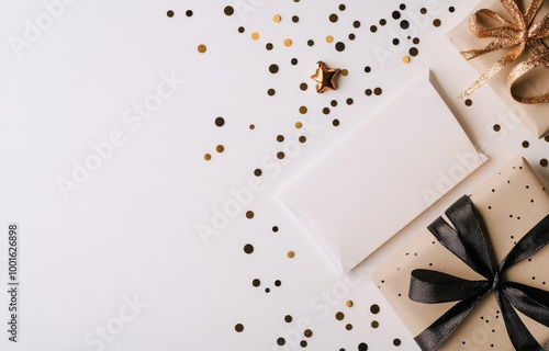 Gift wrapping and blank card on a festive pink background decorated with gold...