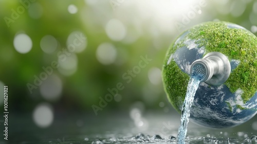 A small globe with greenery and water flowing, symbolizing environmental cons...