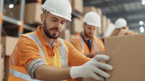 Workers handling packages at a delivery warehouse during daylight hours