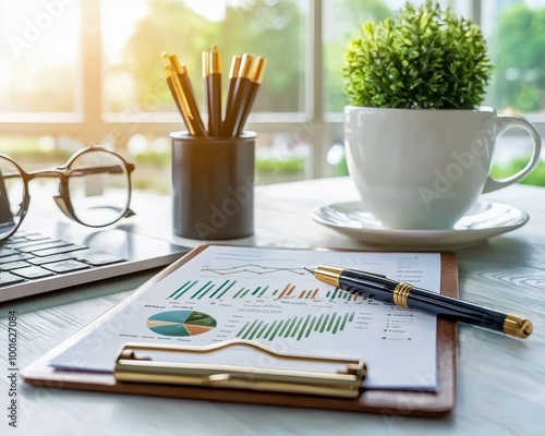 Wallpaper Mural A bright workspace featuring a clipboard with charts, a plant, pen, glasses, and a cup, symbolizing productivity and organization. Torontodigital.ca