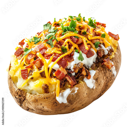 A loaded baked potato topped with cheese, bacon, and herbs.