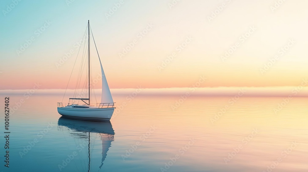 Fog drifting over sailboat in calm sea, distant horizon, 3D illustration Fog drifting over sailboat in calm sea, distant horizon, 3D illustration