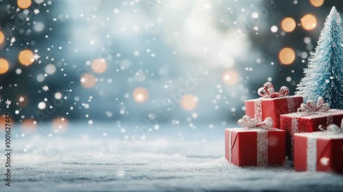 Snowy winter scene with Christmas trees and beautifully wrapped gifts glowing...