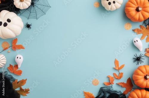 Decorative Halloween layout with pumpkins, ghosts, and spiders against a past...