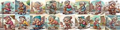 Funny granny ride board. AI generated illustration