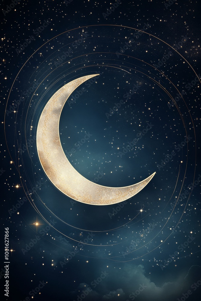 Naklejka premium A glittering crescent moon shines among sparkling stars in a night sky filled with shimmer