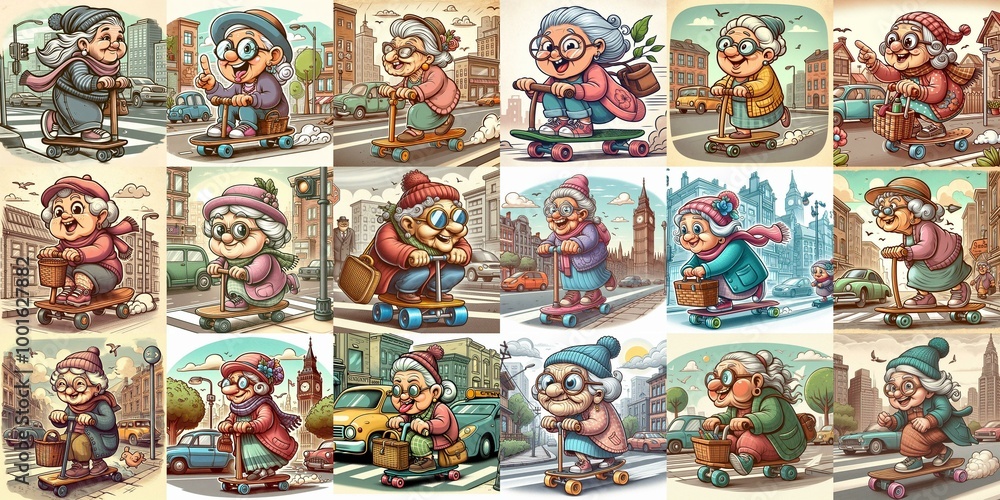 Fototapeta premium Funny granny ride board. AI generated illustration