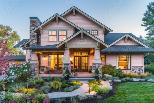 A beautifully designed Craftsman-style home in soft blush pink, highlighted by stone accents and a welcoming front yard.