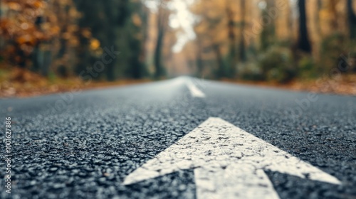 A close-up view of a wet road and white directional arrow surrounded by vibra...
