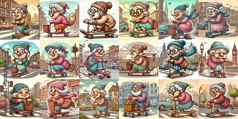 Funny granny ride board. AI generated illustration Funny granny ride board. AI generated illustration