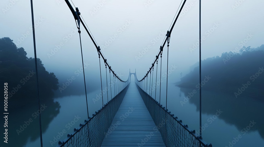 Fototapeta premium Fog enveloping bridge, river below, mysterious vibe, 3D illustration