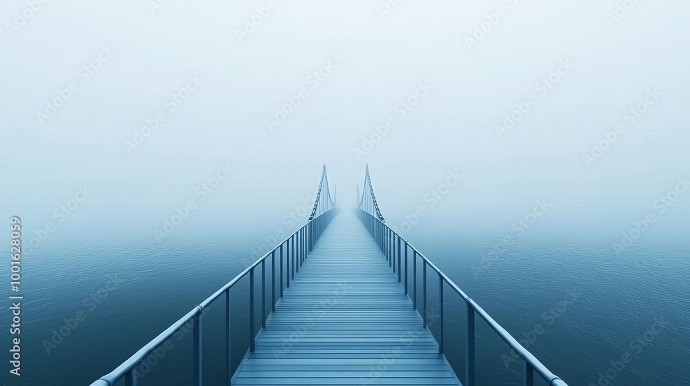 Fog enveloping bridge, river below, mysterious vibe, 3D illustration Fog enveloping bridge, river below, mysterious vibe, 3D illustration