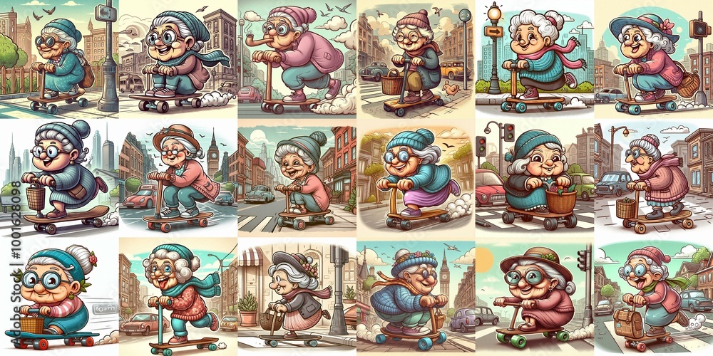 Funny granny ride board. AI generated illustration Funny granny ride board. AI generated illustration