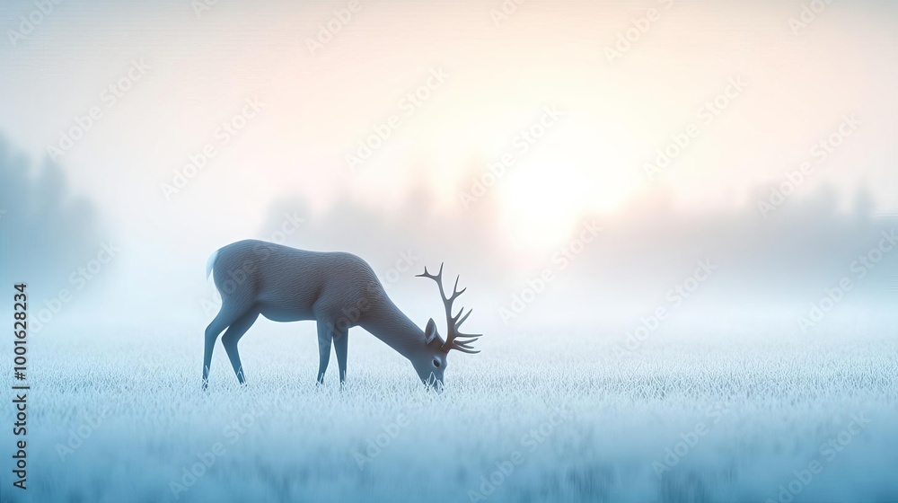 Fog-covered field with grazing deer, serene wildlife scene, 3D illustration Fog-covered field with grazing deer, serene wildlife scene, 3D illustration