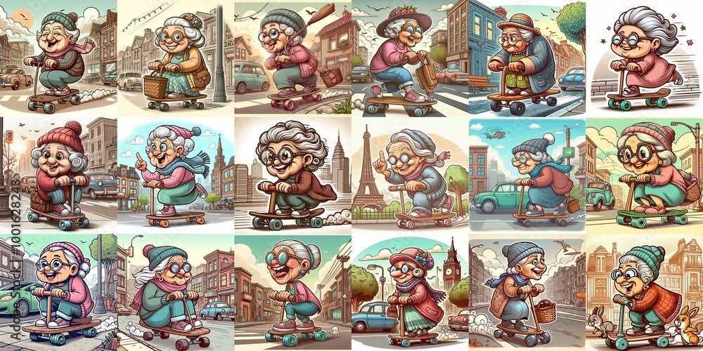 Obraz premium Funny granny ride board. AI generated illustration
