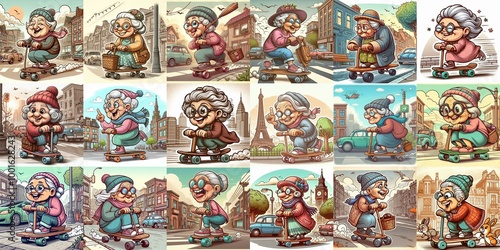 Funny granny ride board. AI generated illustration