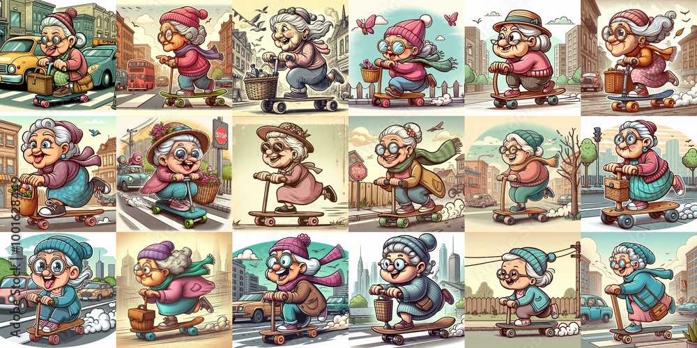 Fototapeta premium Funny granny ride board. AI generated illustration