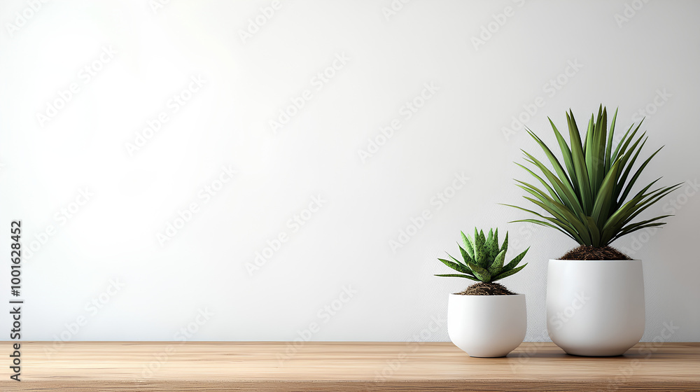 Fototapeta premium Minimalist Home Decor with Green Plants on Wooden Table