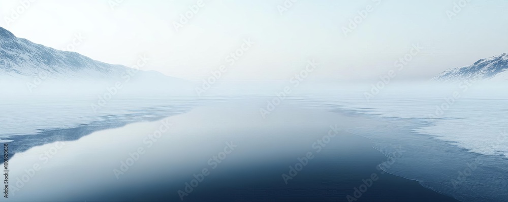 Foggy landscape with frozen lake, drifting fog, icy reflection, 3D illustration Foggy landscape with frozen lake, drifting fog, icy reflection, 3D illustration