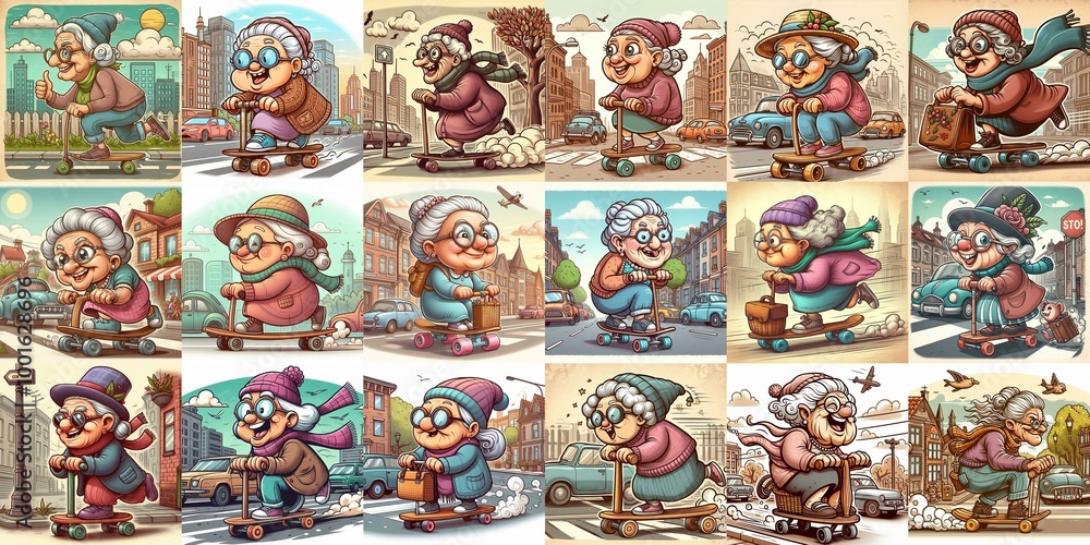 Fototapeta premium Funny granny ride board. AI generated illustration