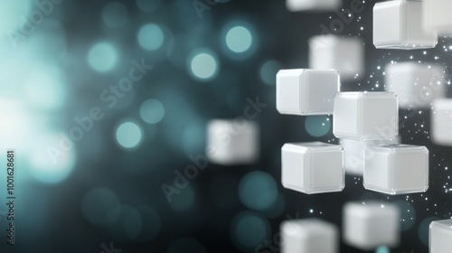 Floating white cubes in a soft light background with a dreamy atmosphere