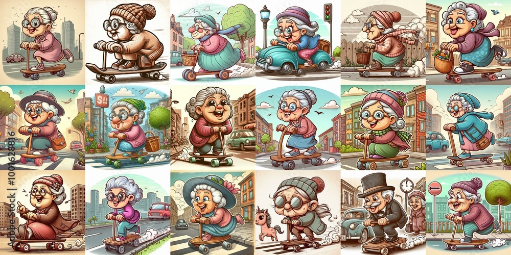 Fototapeta premium Funny granny ride board. AI generated illustration