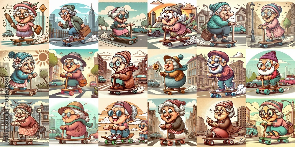Funny granny ride board. AI generated illustration Funny granny ride board. AI generated illustration
