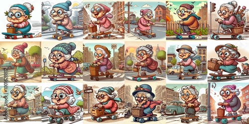 Funny granny ride board. AI generated illustration