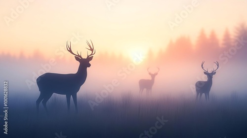 Foggy landscape with silhouettes of deer, tranquil wilderness, 3D illustration