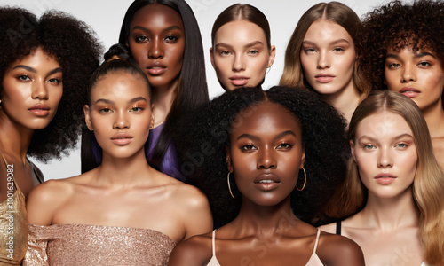 A group of diverse women look at the camera with a neutral expression photo