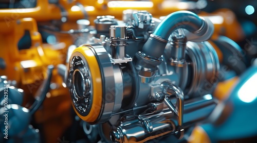 A close-up view of a turbocharged car engine, displaying its inner components and compressed air system