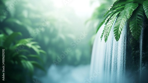 Forest waterfall with drifting fog, lush greenery, 3D illustration