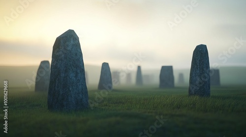 Highland moors in drifting fog, ancient stone circles, 3D illustration