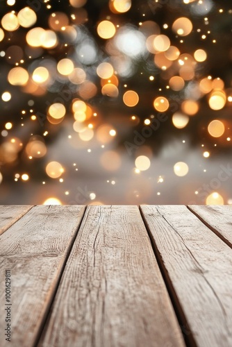 Soft bokeh lights create a warm atmosphere over a rustic wooden table in a co...