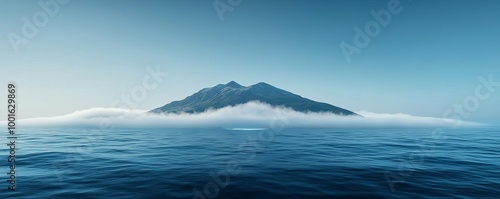 Isolated island with drifting fog, ocean waves, 3D illustration