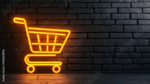 Neon shopping cart illuminated against a dark brick wall in a modern retail s...
