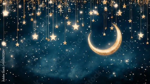 A sparkling crescent moon shines brightly among twinkling stars in a night sk...