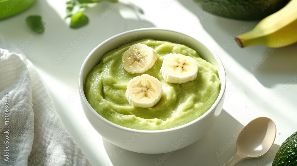 Creamy avocado banana smoothie in a bowl, garnished with fresh banana slices. Creamy avocado banana smoothie in a bowl, garnished with fresh banana slices.