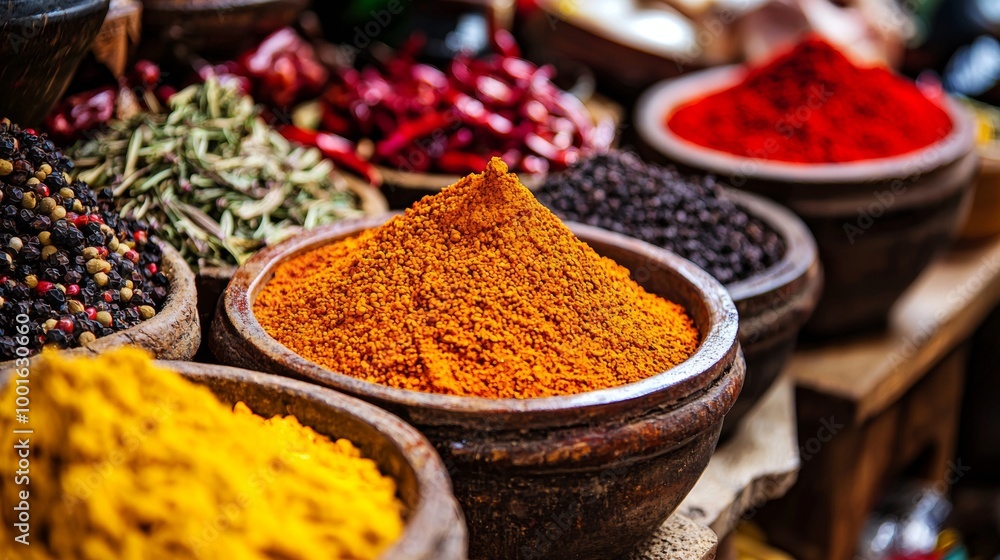 Colorful spices in traditional wooden bowls at a market stall Colorful spices in traditional wooden bowls at a market stall