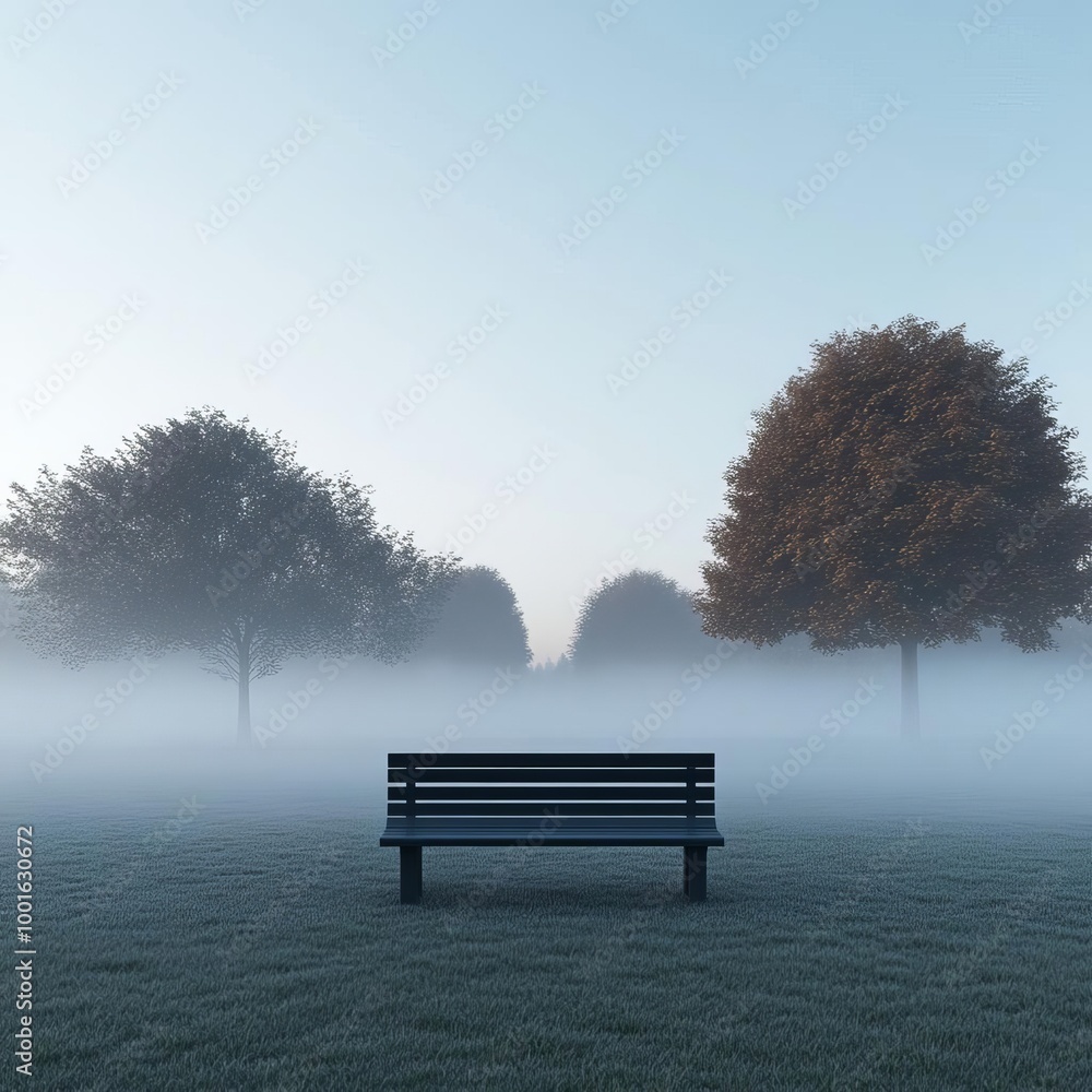 Lonely bench surrounded by drifting fog, quiet park, 3D illustration Lonely bench surrounded by drifting fog, quiet park, 3D illustration