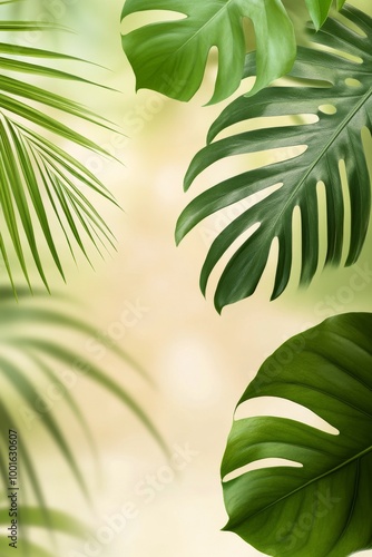 Lush green tropical leaves create a serene backdrop in a softly blurred natur...