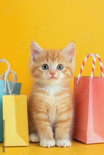Adorable fluffy kitten sitting between colorful shopping bags on a bright yel...