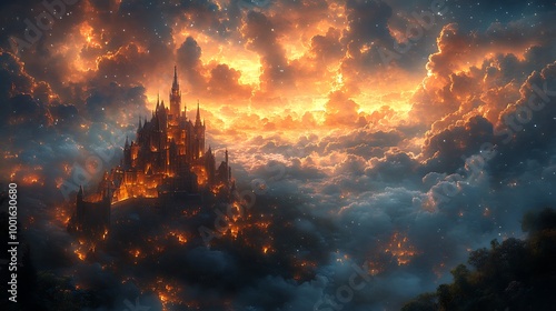 Fantasy castle on fire in the clouds