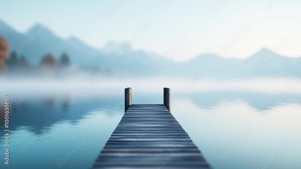 Fototapeta premium Lonely pier with drifting fog, quiet lake, 3D illustration
