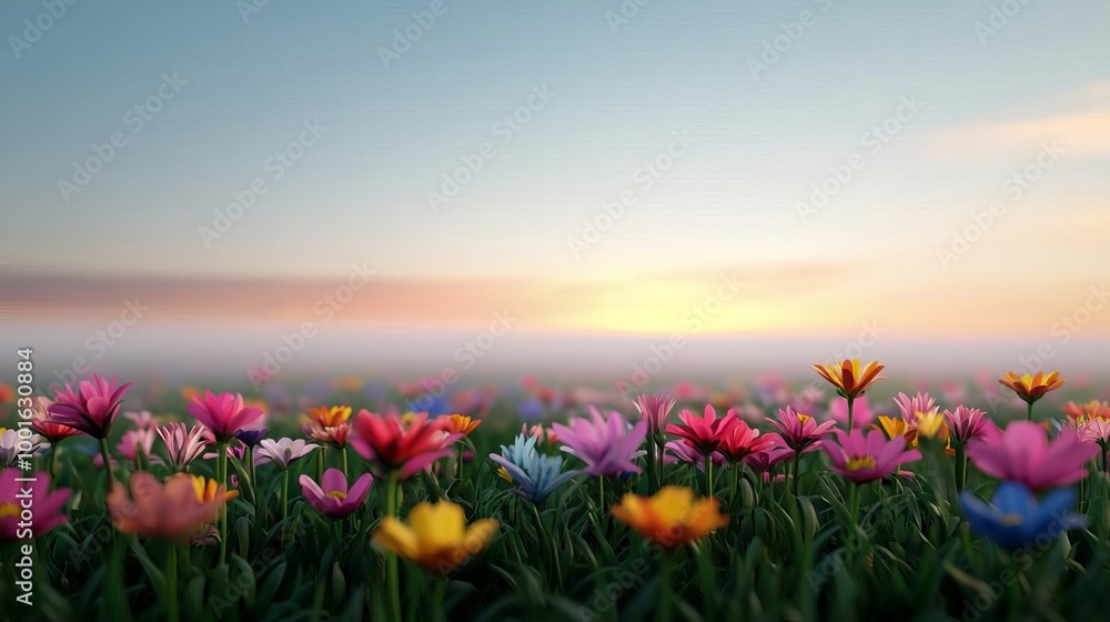 Fototapeta premium Meadow with fog drifting over wildflowers, sunrise, 3D illustration