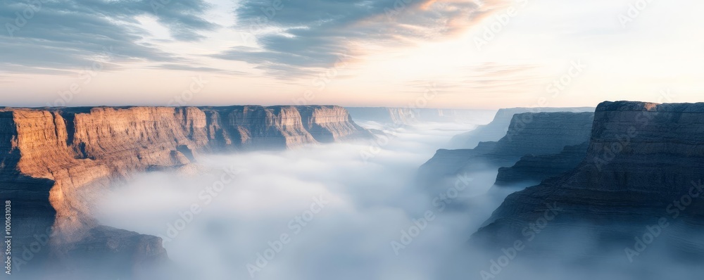 Misty canyon landscape with drifting fog, dramatic shadows, 3D illustration Misty canyon landscape with drifting fog, dramatic shadows, 3D illustration