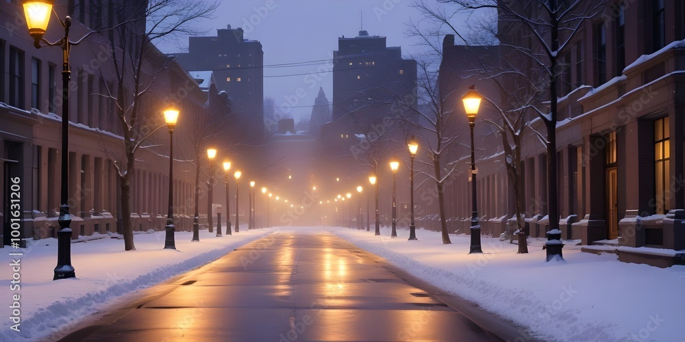 A snowy, deserted city street at dusk with streetlights casting a warm glow A snowy, deserted city street at dusk with streetlights casting a warm glow