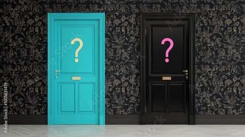 Two mysterious doors in a stylish interior with ornate wallpaper and intrigui...