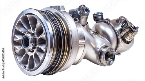 A newly isolated turbocharger part, designed to boost air pressure to the engine piston, displayed on a white background with a clipping path