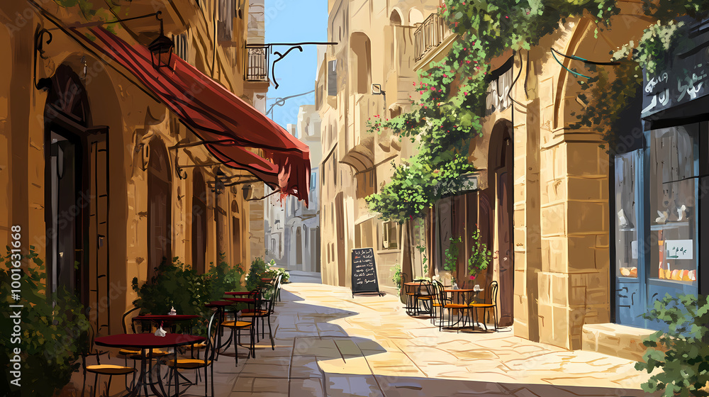 Fototapeta premium Lebanese mezze on a lively beirut street. Moorish Architecture. Illustration